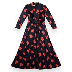 VTG 70s Black Red Mod Geometric Print Long Sleeve Maxi Dress Gothic Ruched Front